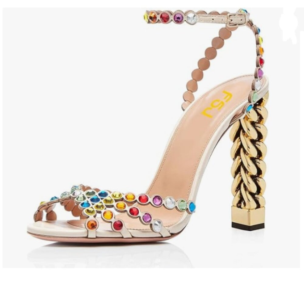 FSJ Beige Sexy Rainbow Series Golden High Heel Sandals Peep Toe Ankle Strap Shoe